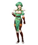  1girl armor bangs belt boots breastplate dress elbow_gloves eyebrows_visible_through_hair fingerless_gloves fire_emblem fire_emblem:_thracia_776 fire_emblem_heroes full_body gloves gold_trim green_dress green_eyes green_hair highres karin_(fire_emblem) knee_pads non-web_source official_art pantyhose shiny shiny_clothes shiny_hair short_dress short_hair short_sleeves shoulder_armor solo thigh_boots thighhighs transparent_background uroko_(mnr) 