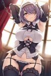  1girl armpits arms_up ass_visible_through_thighs azur_lane bangs black_gloves black_legwear black_panties blurry blurry_background blush breasts cameltoe closed_mouth clothing_cutout commentary_request curtains elbow_gloves eyebrows_visible_through_hair eyes_visible_through_hair garter_belt garter_straps gloucester_(azur_lane) gloves groin hair_ornament hair_over_one_eye hairband large_breasts light_frown looking_at_viewer no_pants panties purple_hair short_hair sleeveless solo sunlight thighhighs underboob underboob_cutout underwear window xe_(execut3r) yellow_eyes 