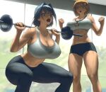  2girls abs bangs barbell bare_arms bare_shoulders black_hair black_pants blonde_hair blue_eyes blue_hair breasts cleavage commentary dumbbell exercise eyebrows_visible_through_hair eyes_visible_through_hair feet_out_of_frame gym_shorts hair_intakes hair_ornament hololive hololive_english huge_breasts indoors infi large_breasts looking_at_another multiple_girls navel open_mouth ouro_kronii pants shirt short_hair shorts sports_bra stomach sweat v-shaped_eyebrows virtual_youtuber watch watson_amelia white_shirt white_sports_bra 
