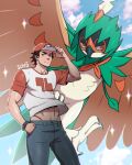 1boy abs absurdres baseball_cap brown_hair closed_mouth cloud commentary day decidueye frown hand_in_pocket hand_on_headwear hand_up hat highres looking_to_the_side male_focus orange_headwear outdoors pants pokemon pokemon_(creature) pokemon_(game) pokemon_sm red_(pokemon) shiny shiny_skin shirt short_hair short_sleeves signature sky sparkle spiked_hair split_mouth suyohara t-shirt wind wind_lift 