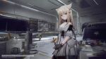  1girl animal_ears arknights arknights:_endfield belt black_gloves black_legwear blue_eyes concept_art copyright_name cowboy_shot dress english_text extra_ears eyebrows_visible_through_hair gloves grey_hair highres holding holographic_interface indoors jacket long_hair looking_at_viewer off_shoulder official_art open_clothes open_jacket pantyhose paper perlica_(arknights) pouch science_fiction short_sleeves sleeveless sleeveless_dress solo spacecraft spacecraft_interior two-tone_gloves white_belt white_dress white_jacket yellow_gloves 