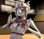  anthro bovid breasts caprine caprine_demon cheerleader cheerleader_outfit clothed clothing clothing_lift demon female fur goat goat_demon goat_lucifer_(helltaker) gym gym_clothing helltaker hi_res horn mammal skootroot slim smile smirk solo teasing white_body white_fur 