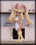  3d_(artwork) apron apron_only big_butt black_sclera blonde_hair bottomless butt clothed clothing cooking cookware digital_media_(artwork) dress female food frying_pan hair hi_res huge_ears jewelry kitchen kitchen_utensils lagomorph leporid lips looking_at_viewer lopunny mammal markings mature_female mole_(marking) mostly_nude necklace nintendo pancake pok&eacute;mon pok&eacute;mon_(species) purple_clothing purple_dress purple_eyes purple_lips rabbit siakstuff solo tools video_games 