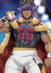  1boy argyle baseball_cap biceps bulge cape champion_uniform clenched_hand closed_mouth commentary covered_abs dark-skinned_male dark_skin dynamax_band facial_hair fur-trimmed_cape fur_trim gloves hand_up hat highres holding holding_poke_ball large_pectorals leggings leon_(pokemon) long_hair male_focus muscular muscular_male partially_fingerless_gloves pectorals poke_ball pokemon pokemon_(game) pokemon_swsh premier_ball purple_hair red_cape shield_print shirt short_shorts short_sleeves shorts single_glove sky smile solo star_(sky) suyohara sword_print white_legwear white_shorts wristband yellow_eyes 