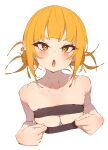  1girl :o absurdres bangs blonde_hair blush boku_no_hero_academia breasts cleavage commentary cropped_torso double_bun highres looking_at_viewer medium_breasts parted_lips rasusurasu sidelocks simple_background solo toga_himiko white_background yellow_eyes 