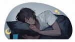  1boy arknights bed bishounen black_hair closed_mouth dark-skinned_male dark_skin ear_piercing eyebrows_visible_through_hair highres jewelry male_focus pienahenggou piercing pillow ring shirt short_hair simple_background sleeping solo star_(sky) thorns_(arknights) upper_body white_shirt 