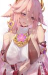  1girl animal_ears bangs bare_shoulders blush breasts detached_sleeves fox_ears genshin_impact gtunver highres large_breasts long_hair open_mouth pink_hair purple_eyes sideboob solo wide_sleeves yae_miko 