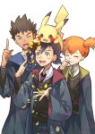  1girl 2boys ash_ketchum brock_(pokemon) closed_mouth cosplay misty_(pokemon) multiple_boys necktie open_mouth orange_hair pikachu pokemon pokemon_(anime) pokemon_(classic_anime) pokemon_(creature) shia_(kashia) short_hair side_ponytail simple_background smile white_background 