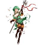  1girl armor bangs belt boots breastplate dress elbow_gloves eyebrows_visible_through_hair fingerless_gloves fire_emblem fire_emblem:_thracia_776 fire_emblem_heroes full_body gloves gold_trim green_dress green_eyes green_hair highres karin_(fire_emblem) knee_pads non-web_source official_art pantyhose shiny shiny_clothes shiny_hair short_dress short_hair short_sleeves shoulder_armor solo thigh_boots thighhighs transparent_background uroko_(mnr) 