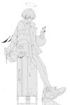 1boy absurdres arene_(arknights) arknights bishounen ear_piercing full_body halo highres jacket male_focus nail_polish phone piercing shoes short_hair sitting sketch socks solo suitcase wentao0324 wings 