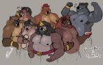  2022 anthro armpit_hair belly biped body_hair brown_body embrace group hug humanoid_hands hyaenid male mammal moobs musclegut nipples overweight overweight_male pure_command suid suina sus_(pig) wild_boar 