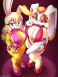  absurd_res anthro archie_comics bedroom_eyes big_breasts bikini bow_tie breast_squish breasts breasts_frottage bunnie_rabbot cleavage clothed clothing cuffs_(clothing) duo female glass hi_res high-angle_view high_heels lagomorph leporid looking_at_viewer mammal narrowed_eyes omegasunburst platter rabbit seductive sega sling_bikini sonic_the_hedgehog_(archie) sonic_the_hedgehog_(comics) sonic_the_hedgehog_(series) squish swimwear vanilla_the_rabbit 