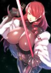 1girl bangs bodysuit breasts covered_nipples drill_hair fur_coat gun hair_over_one_eye kirijou_mitsuru large_breasts lips long_hair looking_at_viewer motion_blur persona persona_3 persona_4:_the_ultimate_in_mayonaka_arena rapier red_eyes red_hair shibuki_oroshi smile solo sparkle sword weapon 