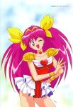  1990s_(style) 1girl ai_tenshi_densetsu_wedding_peach armor bangs big_hair blue_eyes bracelet choker cowboy_shot eyebrows_visible_through_hair hairband hanasaki_momoko highres jewelry long_hair looking_at_viewer magical_girl miniskirt non-web_source official_art one_eye_closed open_mouth pauldrons pink_hair retro_artstyle shoulder_armor skirt solo wedding_peach white_skirt 