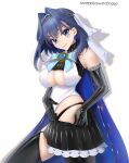  1girl areola_slip areolae bangs bare_shoulders black_gloves black_hair black_legwear black_skirt blue_bow blue_bowtie blue_eyes bow bow_earrings bowtie breasts cleavage earrings elbow_gloves from_side gloves greatodoggo hair_intakes head_chain highres hololive jewelry large_breasts looking_at_viewer ouro_kronii panty_straps parted_lips shirt simple_background skirt smile solo standing thighhighs twitter_username virtual_youtuber white_background white_shirt 