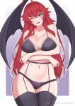 1girl ;d absurdres ahoge blue_eyes blush bra breasts cleavage cowboy_shot demon_wings garter_straps head_tilt high_school_dxd highres large_breasts lingerie long_hair looking_at_viewer mandytsune navel one_eye_closed pants red_hair rias_gremory smile solo thigh_gap thighhighs underwear wings 