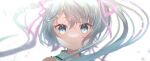  1girl absurdres bangs bare_shoulders blue_eyes blue_hair blurry blurry_background closed_mouth depth_of_field eyebrows_visible_through_hair hair_between_eyes hair_ribbon hatsune_miku highres kazama_gorou long_hair pink_ribbon portrait ribbon smile solo twintails vocaloid white_background 