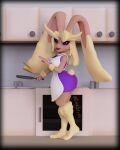  3d_(artwork) anthro apron big_butt black_sclera blonde_hair butt clothing cooking cookware digital_media_(artwork) dress female food frying_pan hair hi_res huge_ears jewelry kitchen kitchen_utensils lagomorph leporid lips looking_at_viewer lopunny mammal markings mole_(marking) necklace nintendo pancake pok&eacute;mon pok&eacute;mon_(species) purple_clothing purple_dress purple_eyes purple_lips rabbit siakstuff solo tools video_games 