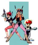  1980s_(style) 3girls bangs blue_eyes bodysuit boots breasts cleavage eyebrows_visible_through_hair gall_force gloves green_hair gun headgear helmet holding holding_gun holding_weapon holstered_weapon jewelry kneeling long_hair multiple_girls necklace non-web_source official_art open_mouth rabby red_eyes red_hair retro_artstyle rifle rumy_(gall_force) sandy_newman short_hair sleeveless sleeveless_jacket sonoda_ken&#039;ichi standing weapon 