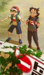  2boys :d antenna_hair ash_ketchum backpack bag bangs baseball_cap blue_eyes blurry brown_bag brown_eyes brown_hair closed_mouth day goh_(pokemon) grey_shirt hat holding_strap jacket looking_up male_focus matsuno_opa multiple_boys no_entry_sign open_mouth outdoors pants pokemon pokemon_(anime) pokemon_swsh_(anime) red_headwear red_legwear road_sign shirt shoes short_hair short_sleeves shorts sign smile socks split_mouth standing t-shirt teeth tongue upper_teeth white_shirt 