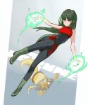  1girl bangs black_hair breasts character_name closed_mouth kadabra long_hair looking_at_viewer pantyhose pokemon pokemon_(creature) pokemon_(game) pokemon_rgby red_eyes sabrina_(pokemon) skirt spoon 