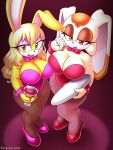  3:4 absurd_res anthro archie_comics big_breasts bow_tie breast_squish breasts breasts_frottage bunnie_rabbot bunny_costume cleavage clothed clothing costume cuffs_(clothing) duo female glass hi_res high-angle_view high_heels lagomorph leporid looking_at_viewer mammal mature_female omegasunburst platter rabbit seductive sega sonic_the_hedgehog_(archie) sonic_the_hedgehog_(comics) sonic_the_hedgehog_(series) squish vanilla_the_rabbit wide_hips 