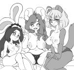  anthro areola bangs bed big_breasts blush breasts canid canine canis clothed clothing domestic_dog female female/female furniture group hair hi_res lagomorph leporid long_hair looking_at_viewer mammal nipples one_eye_closed panties rabbit rodent sciurid short_hair sitting small_breasts smile smiling_at_viewer spread_legs spreading tod_d topless underwear wink 