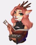  2022 5_fingers anthro antlers asian_mythology breasts digital_media_(artwork) dragon east_asian_mythology eastern_dragon felicia_cat female fingers fur green_eyes hair hi_res horn looking_at_viewer mythology non-mammal_breasts open_mouth smile solo teeth tongue 