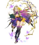  1girl ahoge alternate_costume bangs blonde_hair boots breasts brown_eyes cape detached_sleeves fire_emblem fire_emblem_fates fire_emblem_heroes full_body gesoking gradient gradient_clothes hair_ornament hand_up highres leotard long_hair medium_breasts non-web_source official_art ophelia_(fire_emblem) shiny shiny_hair shiny_skin solo thigh_boots thighhighs toeless_footwear toes transparent_background 