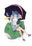  1girl :d absurdres adapted_costume bangs black_footwear blue_eyes blue_hair blue_skirt frog full_body highres holding holding_umbrella karakasa_obake looking_at_viewer open_mouth purple_umbrella sandals shirt short_hair short_sleeves simple_background sitting skirt smile solo tatara_kogasa teasmacker touhou umbrella v white_background white_shirt 