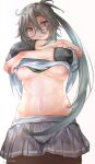  1girl abs amagiri_(kancolle) asymmetrical_bangs bangs blush breasts closed_mouth commentary_request cowboy_shot eyebrows_visible_through_hair fang glasses grey-framed_eyewear grey_eyes grey_hair grey_skirt groin hair_between_eyes kantai_collection long_hair looking_at_viewer mani_oniniku navel pleated_skirt ponytail ribbon school_uniform serafuku short_sleeves sidelocks signature simple_background skin_fang skirt small_breasts solo standing stomach sweat underboob undershirt undressing very_long_hair white_background 