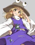  1girl animal_print bangs blonde_hair brown_headwear eyebrows_visible_through_hair frog_print grey_background grin highres long_sleeves looking_at_viewer moriya_suwako navel purple_skirt purple_vest s_mika2000 shirt short_hair sidelocks simple_background skirt smile solo touhou turtleneck vest white_shirt wide_sleeves yellow_eyes 