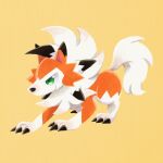  animal_focus claws closed_mouth commentary_request from_side full_body green_eyes lycanroc lycanroc_(dusk) no_humans oniwa_nwai pokemon pokemon_(creature) simple_background smile solo spikes white_fur yellow_background 