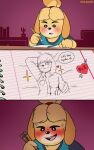  &lt;3 absurd_res animal_crossing anthro blush bodily_fluids canid canine canis clothed clothing comic digby_(animal_crossing) domestic_dog drawing female hi_res implied_incest isabelle_(animal_crossing) male mammal muscular muscular_male nintendo pencil_(object) porldraws shih_tzu speech_bubble sweat text topless topless_male toy_dog video_games 