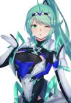  1girl :o absurdres armor bangs blowing_kiss circlet earrings gloves green_eyes green_hair highres jewelry latte long_hair one_eye_closed open_mouth pneuma_(xenoblade) ponytail simple_background solo white_background white_gloves xenoblade_chronicles_(series) xenoblade_chronicles_2 