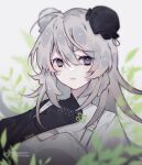  1girl arknights blurry blurry_background blurry_foreground bun_cover character_request closed_mouth commentary_request double_bun grey_background grey_eyes grey_hair jacket long_hair looking_at_viewer miru_(miruzuya) simple_background solo upper_body web_address white_jacket 