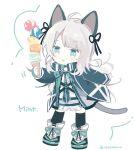  1girl :o ahoge animal_ears arknights bangs black_jacket black_legwear blue_eyes cat_ears cat_girl cat_tail character_name chibi commentary_request dress eyebrows_visible_through_hair food full_body grey_hair holding holding_food ice_cream ice_cream_cone jacket long_sleeves mint_(arknights) naguru_(cyoroama) open_clothes open_jacket parted_lips shoes sleeves_past_wrists solo standing tail thighhighs twitter_username white_background white_dress white_footwear 