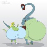  2017 anthro belly big_belly big_breasts blonde_hair bottomwear bracelet brachia_(kyurem2424) brachiosaurid brachiosaurus breasts brown_hair clothing digital_media_(artwork) dinosaur dress duo eyes_closed female footwear hair hand_on_stomach hi_res huge_breasts hyper hyper_belly hyper_breasts hyper_pregnancy jewelry lizard long_neck non-mammal_breasts pants pregnant purse reptile sandals satsumalord sauropod scalie shirt shoes thick_thighs topwear viper_(kyurem2424) 