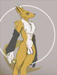  abs abstract_background balls bandai_namco canid canine chest_tuft clothing colored digimon digimon_(species) digitigrade flaccid foreskin fox genitals gloves handwear hi_res male mammal mindkog nude penis portrait renamon small_waist solo standing thick_thighs three-quarter_portrait tuft wide_hips 