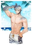  1boy abs bangs bara blue_eyes commentary_request fate/grand_order fate_(series) highres large_pectorals looking_at_viewer male_focus muscular muscular_male navel nipples none_(kameko227) pectorals percival_(fate) short_hair smile solo topless topless_male white_hair 