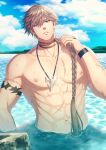  1boy abs bangs bara braid braided_ponytail character_request collarbone commentary_request copyright_request large_pectorals long_hair male_focus mature_male muscular muscular_male navel nipples nude nuzuki_(mamewo) pectorals scar solo stomach 