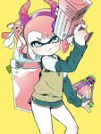  1girl amezawa_koma bangs black_shorts brown_sweater_vest closed_mouth fake_horns green_eyes head_tilt heart heart_eyes highres holding holding_water_gun holding_weapon horned_headwear horns ink_tank_(splatoon) inkling long_hair looking_at_viewer orange_background pink_hair pointy_ears short_hair short_shorts shorts simple_background smile solo splat_bomb_(splatoon) splatoon_(series) splatoon_2 standing sweater sweater_vest tentacle_hair twintails twitter_username water_gun weapon 