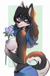  absurd_res anthro areola art-abaddon black_body black_fur black_hair blue_areola blue_hair blue_nipples border breasts canid canine canis clothed clothing curled_tail digital_media_(artwork) domestic_dog female flower fur green_background hair hi_res holding_flower holding_object husky looking_at_viewer mammal multicolored_hair nipple_piercing nipples nordic_sled_dog piercing plant shaded simple_background solo spitz standing topless two_tone_hair white_body white_border white_fur 