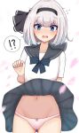  1girl alternate_costume ass ass_visible_through_thighs black_skirt blue_eyes blush bob_cut bow bow_panties breasts cameltoe embarrassed eyebrows_visible_through_hair finaltakenoko hairband konpaku_youmu looking_at_viewer navel open_mouth panties pink_bow pink_panties school_uniform shirt short_hair short_sleeves silver_hair simple_background skirt skirt_flip small_breasts solo thighs touhou underwear white_background white_shirt 