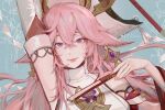  1girl animal_ears artist_name blue_background clivenzu closed_mouth earrings fingernails folding_fan genshin_impact hair_between_eyes hand_fan hand_up holding holding_fan jewelry long_hair looking_at_viewer nail_polish pink_hair pink_nails portrait purple_eyes solo yae_miko 