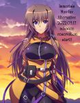  1girl bangs belt black_belt black_bodysuit bodysuit breasts brown_hair cloud copyright_name dated eyebrows_visible_through_hair highres immortals:_muvluv_alternative jacket large_breasts long_hair looking_at_viewer masa_(awill_yui) muvluv muvluv_alternative muvluv_total_eclipse purple_eyes sky smile solo sunset takamura_yui yellow_jacket 