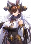  1girl animal_ears bangs blush breasts brown_hair closed_eyes covered_navel detached_sleeves extra_ears eyebrows_behind_hair galleon_(granblue_fantasy) gloves granblue_fantasy horns large_breasts long_hair parted_lips pointy_ears solo tenryou_sena veil very_long_hair white_background white_gloves 