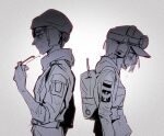  2girls back-to-back backpack bag baseball_cap blush boniteo1 breasts ela_(rainbow_six_siege) eyewear_removed from_side goggles goggles_on_headwear grey_background greyscale hat headset hood hoodie jacket looking_down monochrome multiple_girls rainbow_six_siege sketch small_breasts zofia_(rainbow_six_siege) 