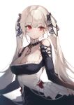  1girl azur_lane bare_shoulders between_breasts black_dress black_ribbon breasts cleavage clothes_lift clothing_cutout dress dress_lift eyebrows_visible_through_hair formidable_(azur_lane) frilled_dress frills hair_ribbon large_breasts long_hair looking_to_the_side platinum_blonde_hair red_eyes ribbon shoulder_cutout simple_background solo ttosom twintails two-tone_dress two-tone_ribbon upper_body very_long_hair white_background white_dress white_ribbon 