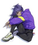  1boy alternate_costume bangs belt black_belt black_pants buttons closed_mouth commentary_request dark-skinned_male dark_skin full_body highres hood hood_down hooded_jacket jacket leon_(pokemon) long_hair long_sleeves male_focus pants pokemon pokemon_(game) pokemon_swsh purple_hair purple_jacket shoes smile sneakers solo soyasengoku yellow_eyes 